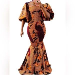 Multicolor Ruched(Lightweight) Ankara Dress w/ Ballon Sleeves-Fits Most S-M-L-XL